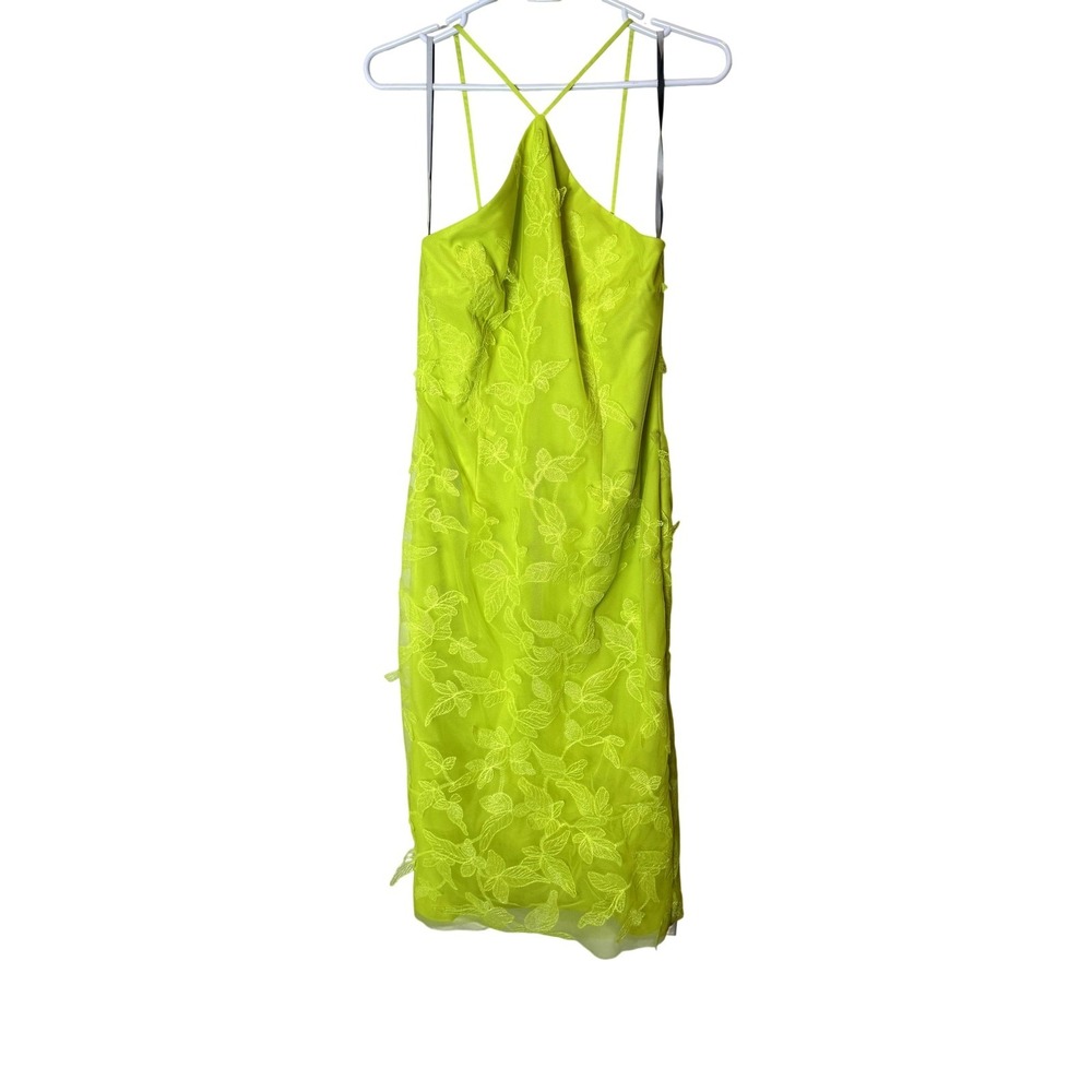 ML Monique Lhuillier Dress Womens 8 Green Lace Floral Halter Sheath Midi Party